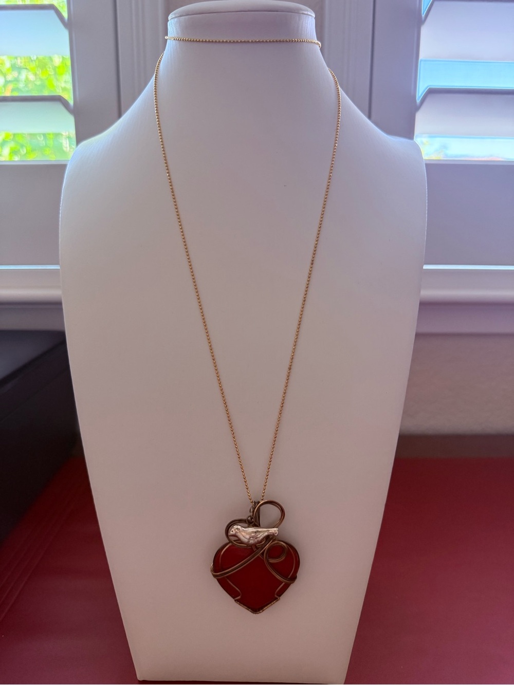 Artisan Red Coral Heart Wire-Wrapped Necklace Pendant with Gold Colored Wire